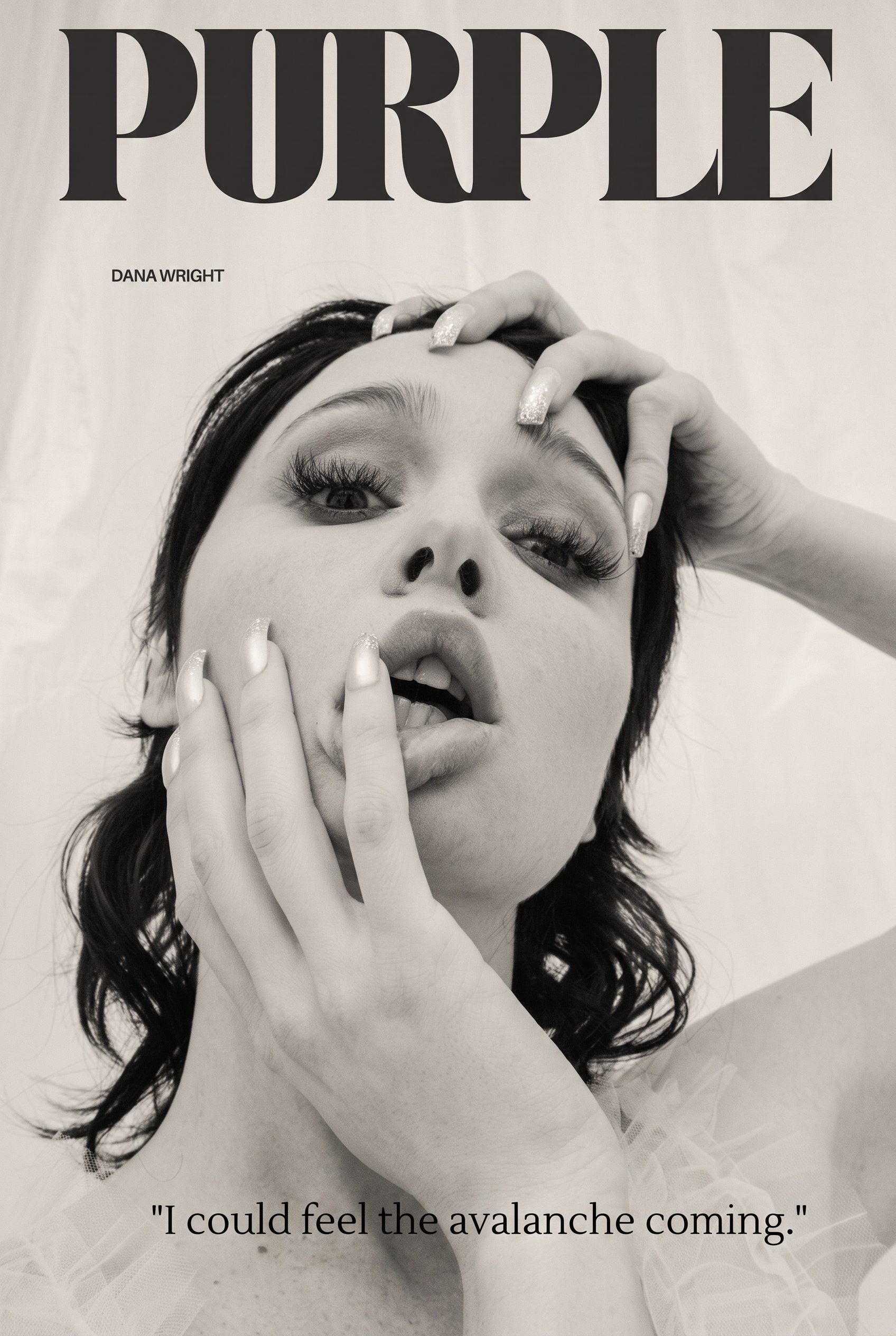Purple magazine cover in black and white, close-up portrait of Dana Wright