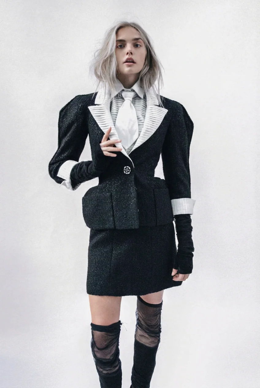 Model in a black tweed Chanel couture skirt suit with white striped lapels, tie and sheer knee-high socks