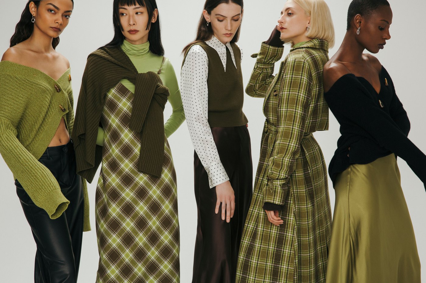 Group of models in green and brown looks